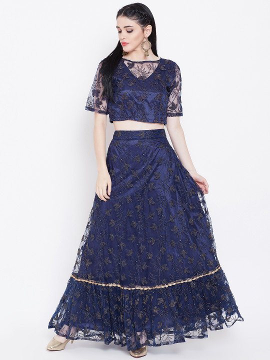 Navy Blue Embroidered Ready to Wear Lehenga with Choli