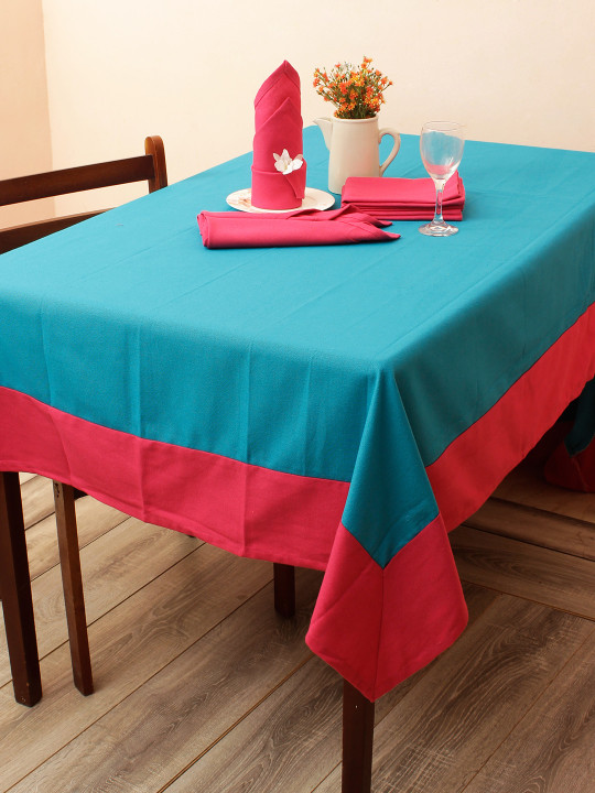 Soumya Turquoise Blue & Pink Table Cover With Set of 6 Napkins
