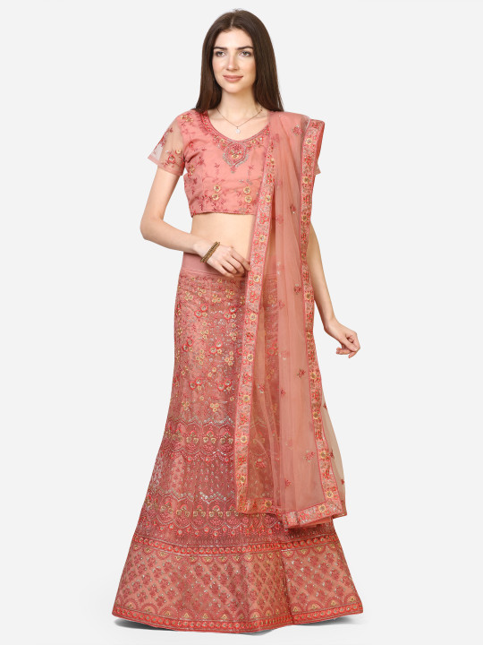 Pink Semi-Stitched Lehenga & Blouse with Dupatta