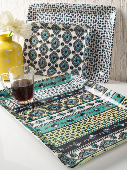 GOODHOMES Set of 3 White & Navy Blue Printed Rectangular Melamine Serving Trays