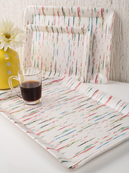 GOODHOMES Set of 3 Off-White & Red Printed Melamine Serving Trays