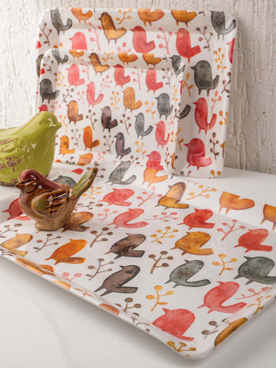 GOODHOMES Set of 3 Off-White & Orange Printed Melamine Serving Trays