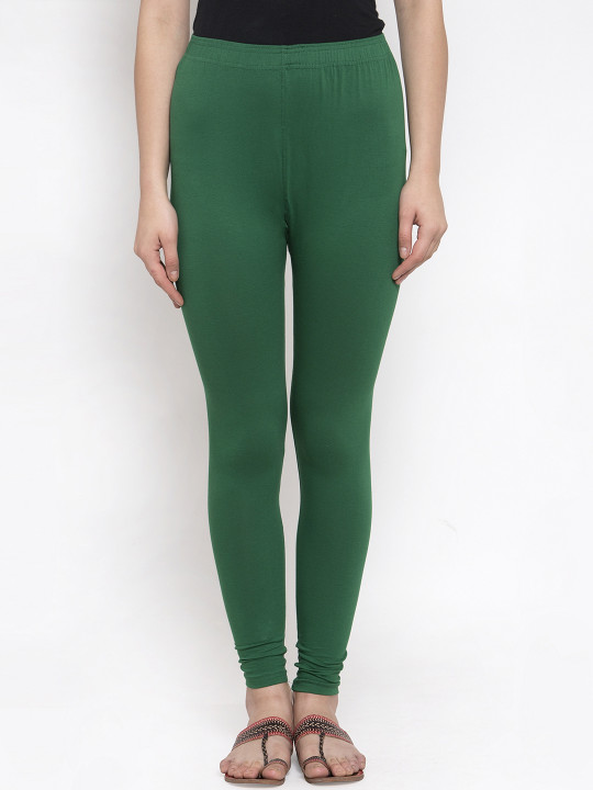 Women Green Solid Churidar-Length Leggings