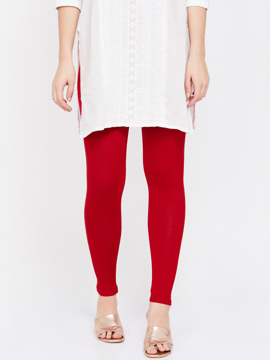 Women Red Solid Ankle-Length Leggings