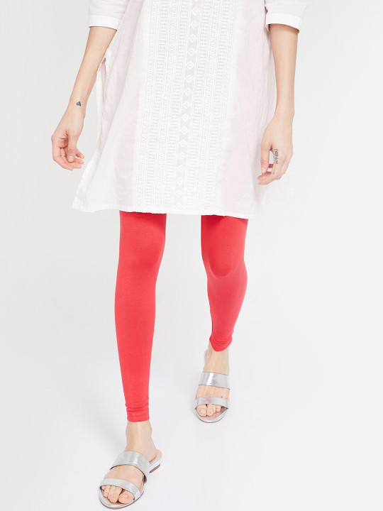 Women Coral Pink Solid Ankle-Length Leggings