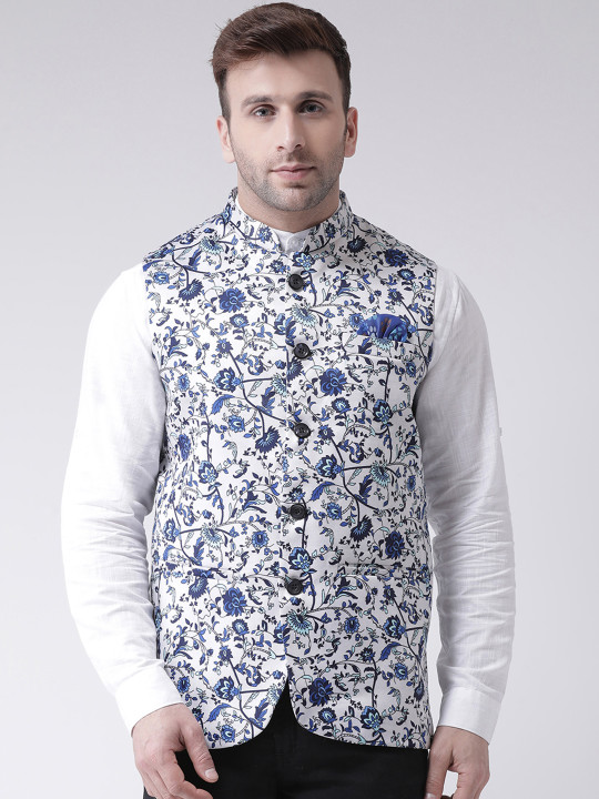 Men Blue &amp; White Printed Festive Nehru Jacket