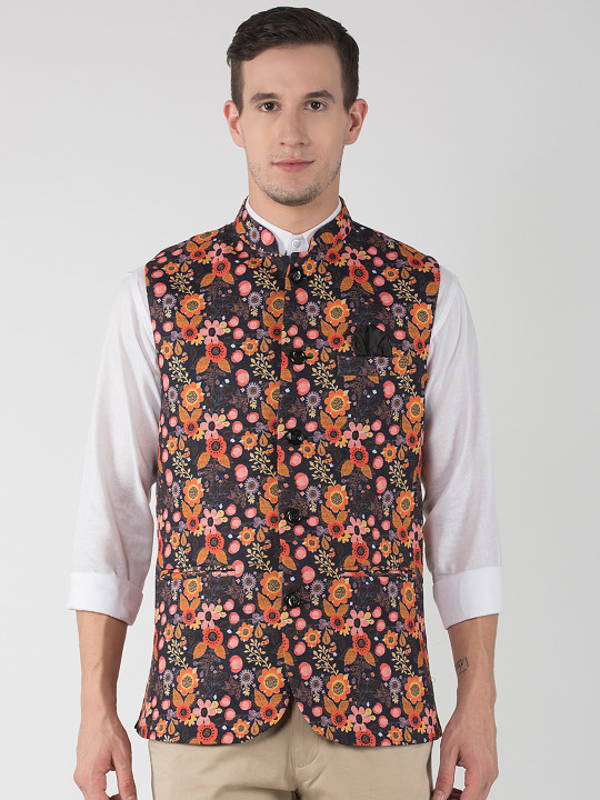 Men Black &amp; Orange Printed Festive Nehru Jacket