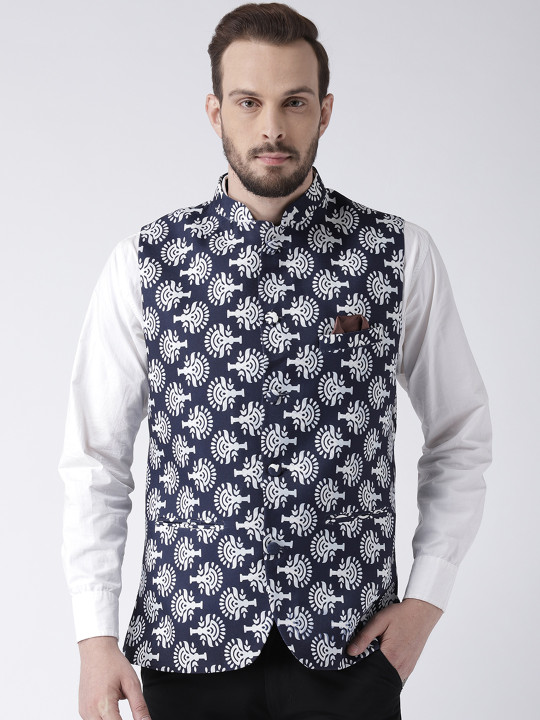 Men Navy Blue &amp; White Printed Festive Nehru Jacket