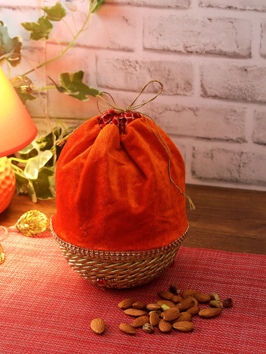 Aapno Rajasthan Orange & Gold-Toned Woven-Design Fabric Multipurpose Basket