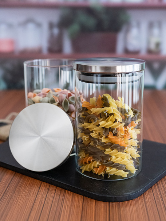 GOODHOMES Set of 2 Transparent Borosilicate Airtight Jars with Metal Lid
