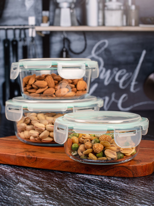 GOODHOMES Set Of 3 Transparent Glass Storage Bowl with Plastic Lid