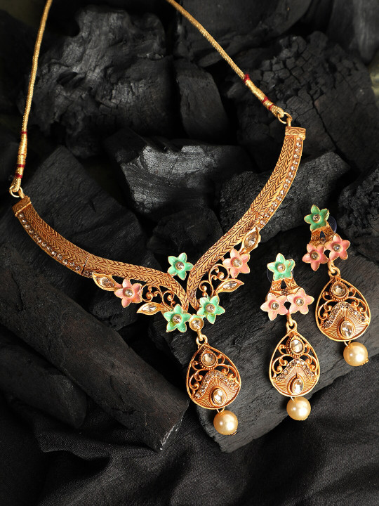 ANIKAS CREATION Gold-Plated Green & Orange Stone-Studded Beaded Enamelled Jewellery Set