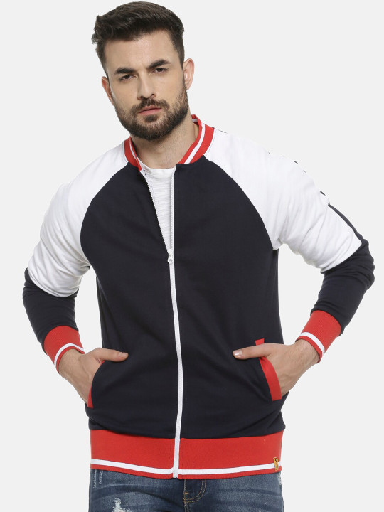 Campus Sutra Men Navy Blue & White Colourblocked Windcheater Open Front Jacket