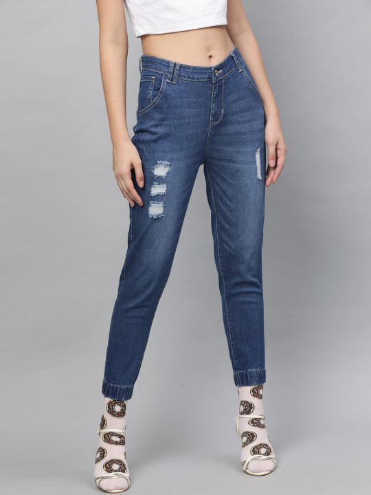 STREET 9 Women Blue Jogger Mid-Rise Mildly Distressed Stretchable Jeans