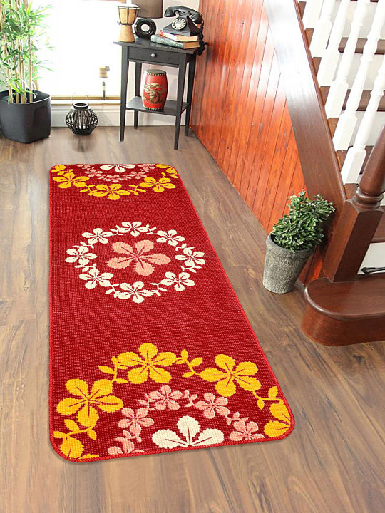 Saral Home Maroon & Yellow Floral Printed Anti-Skid Floor Runner