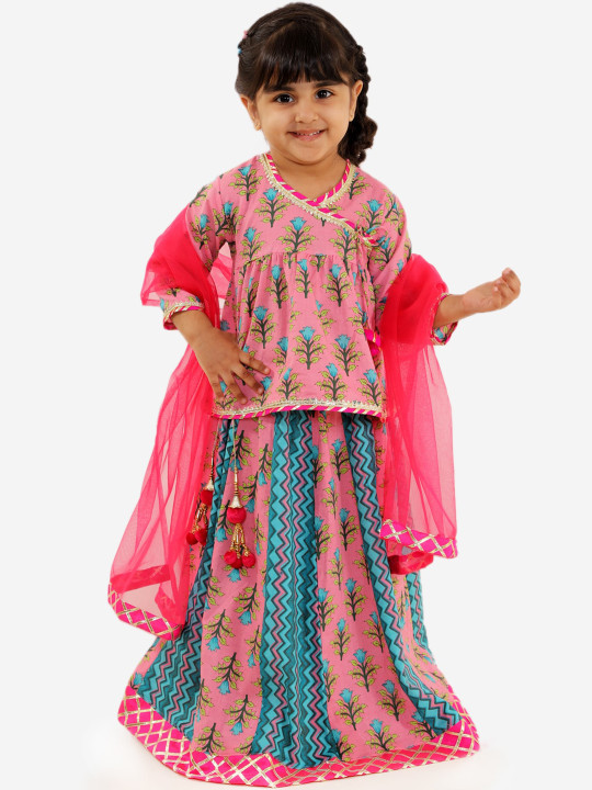 Girls Pink & Turquoise Blue Printed Ready to Wear Lehenga & Blouse with Dupatta