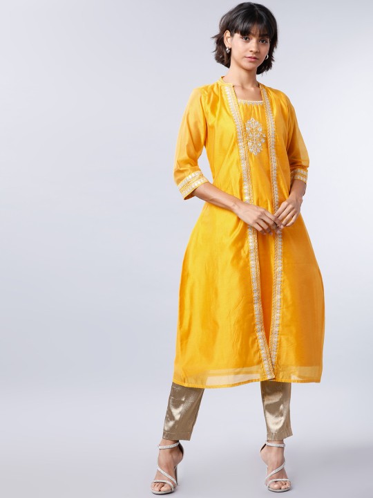 Vishudh Women Yellow Embroidered A-Line Kurta