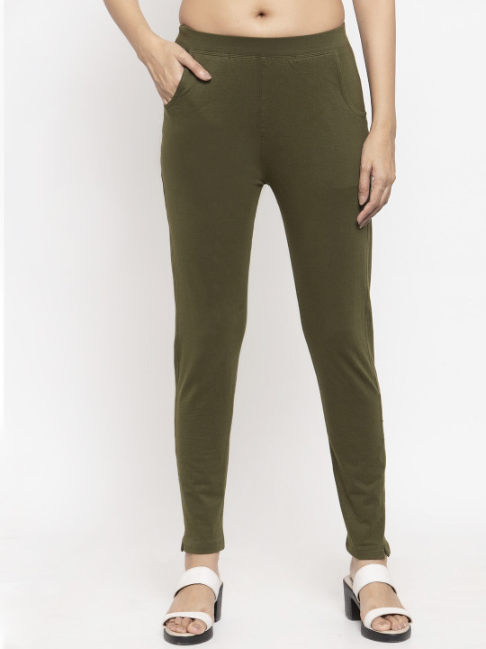 Women Olive Solid Ankle-Length Leggings