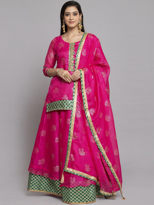 Women Pink & Green Foil Print Zari Work Ready To Wear Lehenga & Kurti with Dupatta