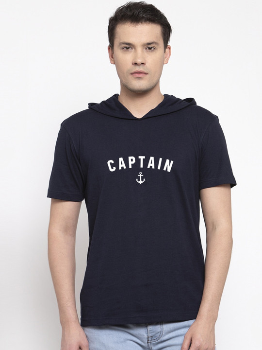 Friskers Men Navy Blue Printed Hood T-shirt