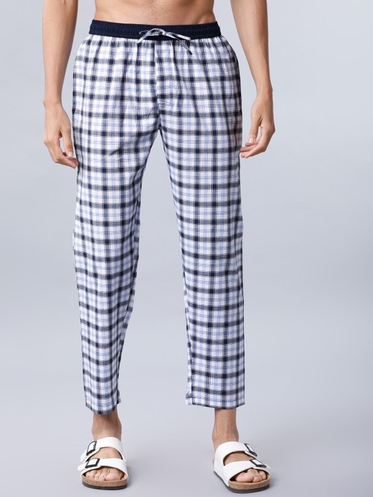 Men White & Navy Checked Cropped Lounge Pants deal from myntra