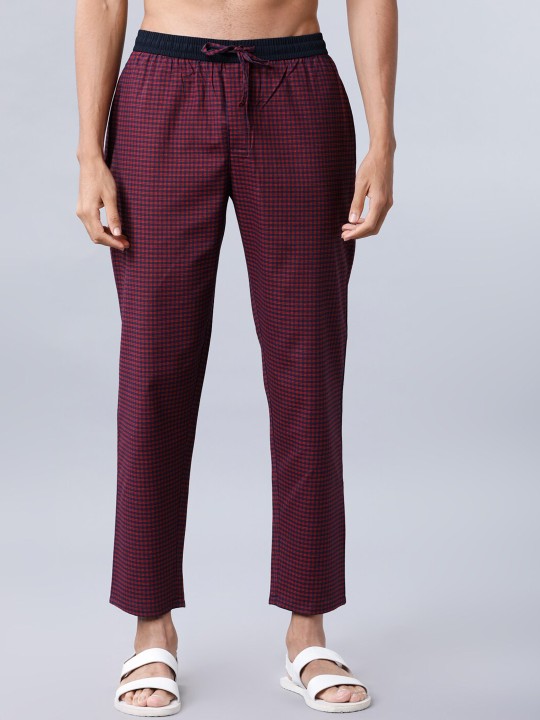 Men Navy Blue & Red Checked Lounge Pants deal from myntra