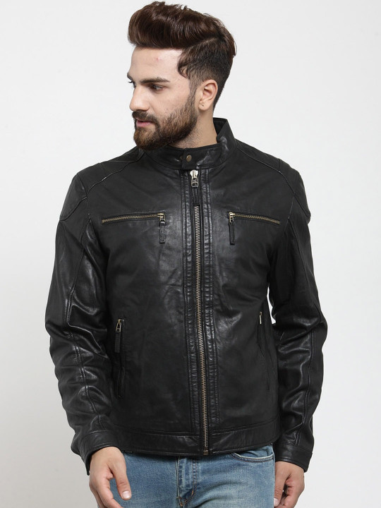 Men Black Solid Water Resistant Leather Jacket
