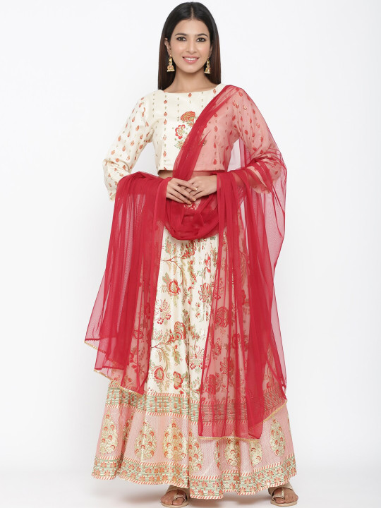 Cream & Red Embellished Ready to Wear Lehenga & Blouse with Dupatta