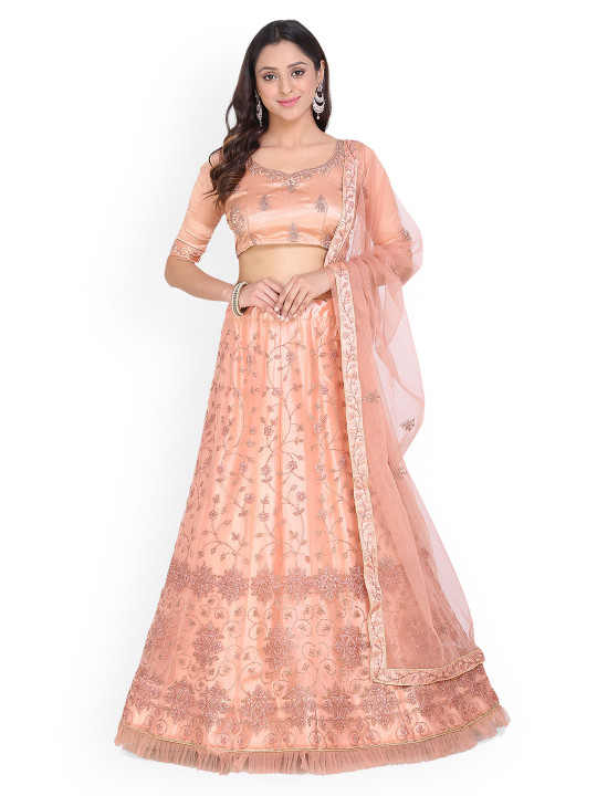 Peach-Coloured Semi-Stitched Lehenga & Blouse with Dupatta