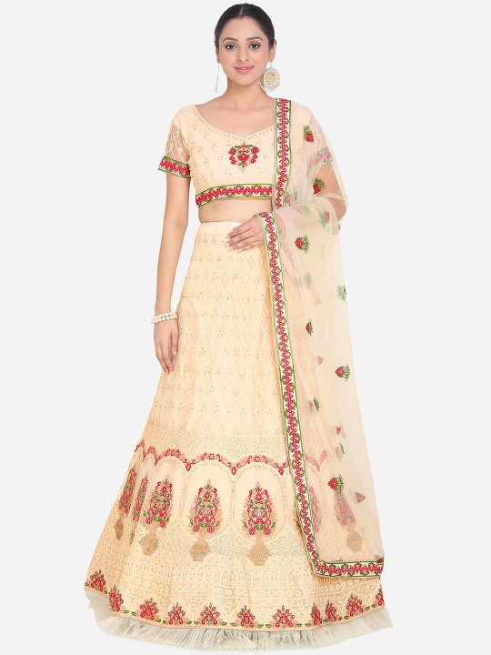 Beige Semi-Stitched Lehenga & Blouse with Dupatta