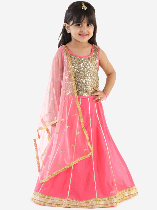 Girls Peach & Gold Embellished Ready to Wear Lehenga & Blouse with Dupatta