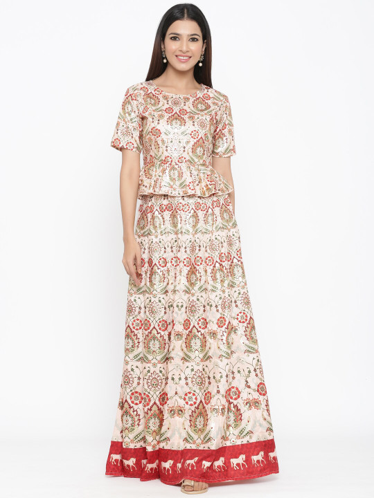 Cream-Coloured Printed Ready to Wear Lehenga with Blouse