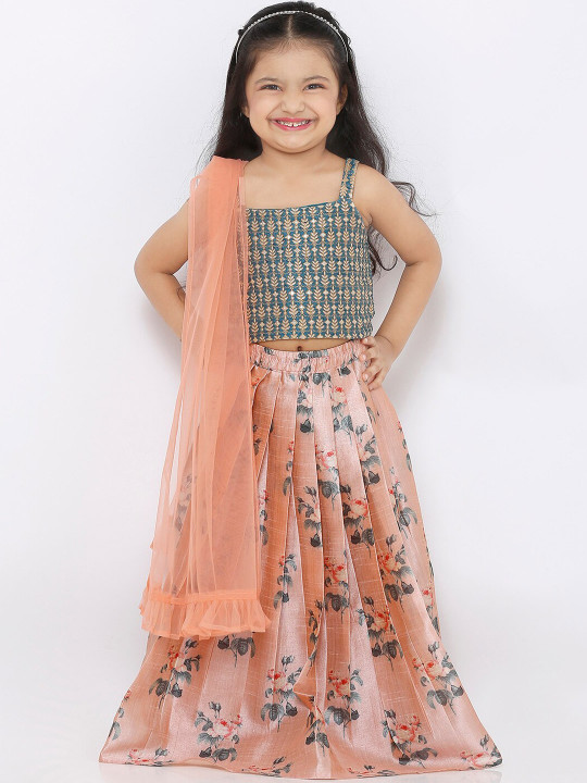 Girls Blue & Peach-Coloured Embroidered Ready to Wear Lehenga & Blouse with Dupatta