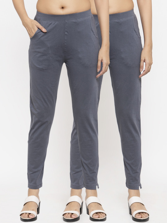 Women Pack of 2 Grey Solid Ankle-Length Leggings