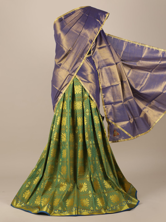 Olive Green & Navy Blue Woven Design Semi-Stitched Half Saree