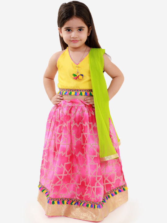 Girls Pink & Yellow Printed Ready To Wear Lehenga & Blouse With Dupatta