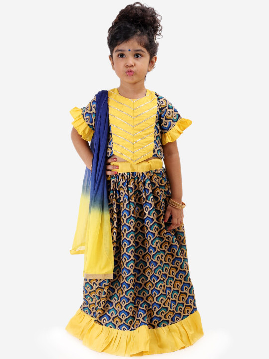 Girls Blue & Yellow Printed Ready To Wear Lehenga Choli With Dupatta