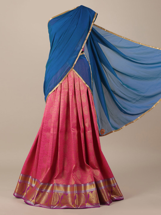 Pink & Blue Woven Design Semi-Stitched Half Saree