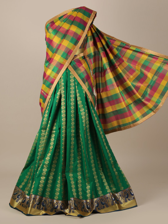 Green & Gold-Toned Tissue Woven Design Half Saree