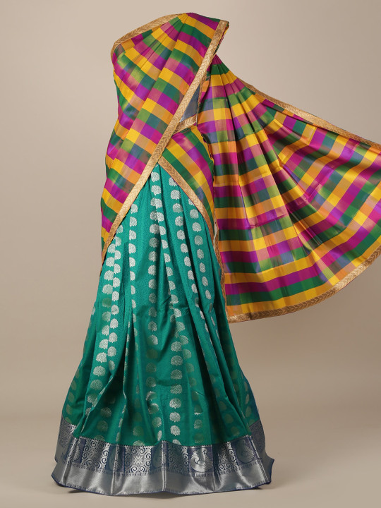 Green & Silver-Toned Tissue Woven Design Half Saree