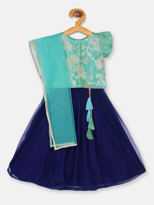 Girls Turquoise Blue & Navy Blue Woven Design Ready To Wear Lehenga Choli With Dupatta