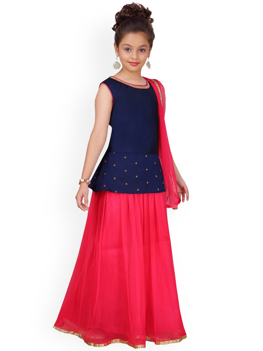 Girls Navy Blue & Red Solid Lehenga Choli With Dupatta