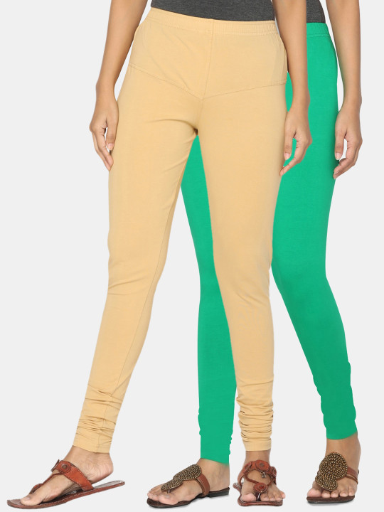 Women Pack Of 2 Beige &amp; Green Solid Churidar-Length Leggings