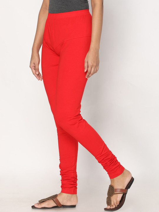 Women Red Solid Churidar-Length leggings