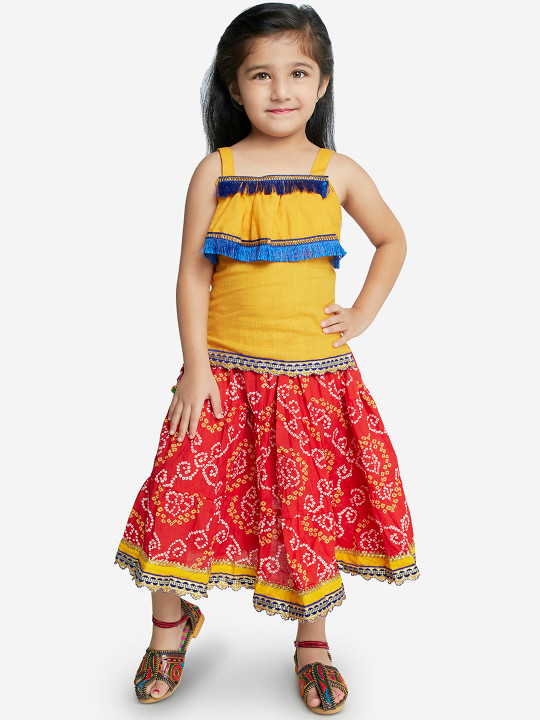 Girls Red & Yellow Bandhani Print Ready to Wear Lehenga with Blouse