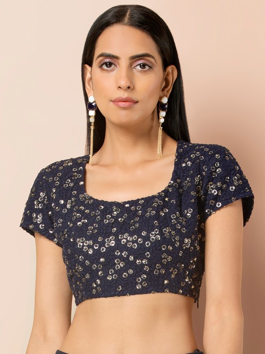 Women Navy Blue & Gold-Coloured Embellished Ethnic Top