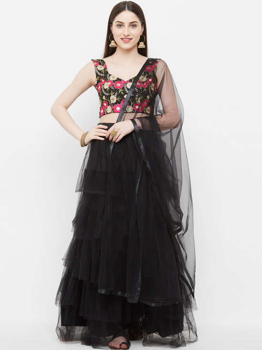 Black & Pink Embroidered Semi-Stitched Lehenga & Unstitched Blouse with Dupatta