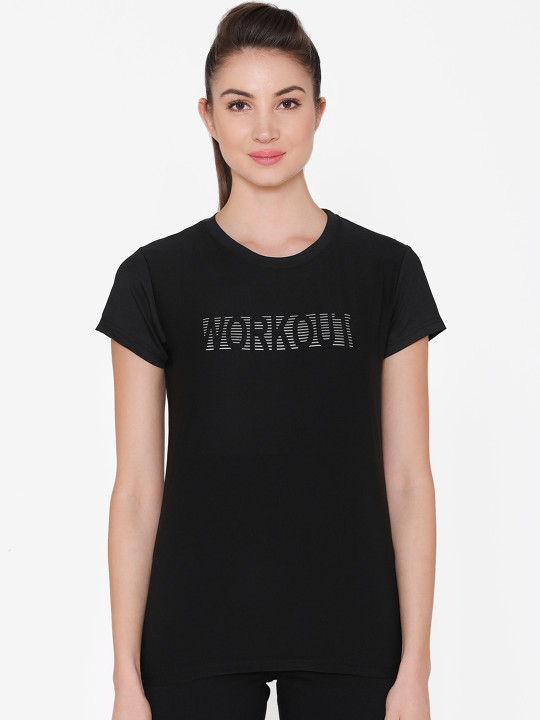 Clovia Women Black Printed Round Neck T-shirt