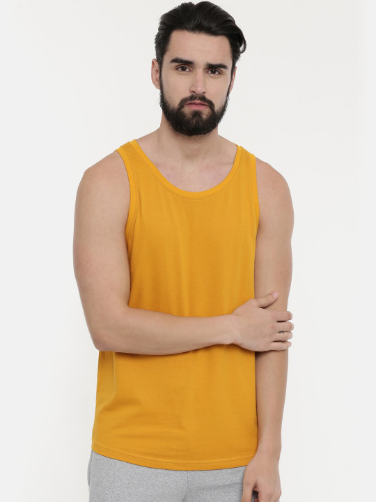 Bushirt Men Mustard Yellow Solid Round Neck Pure Cotton T-shirt