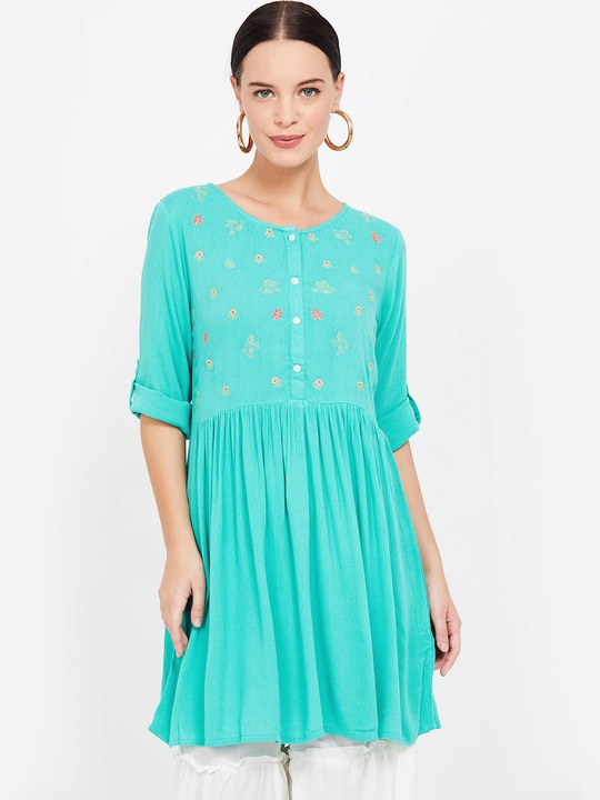 Women Sea Green Embroidered A-Line Tunic